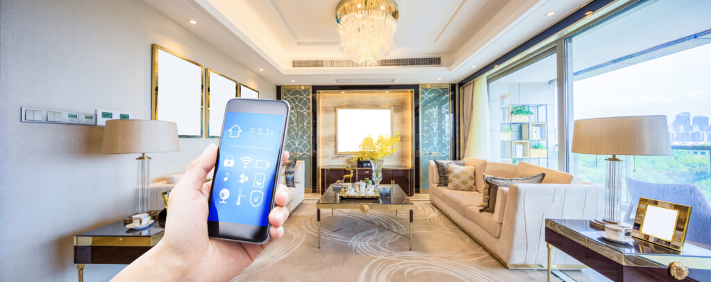 modern phone with smart phone app in a modern living room