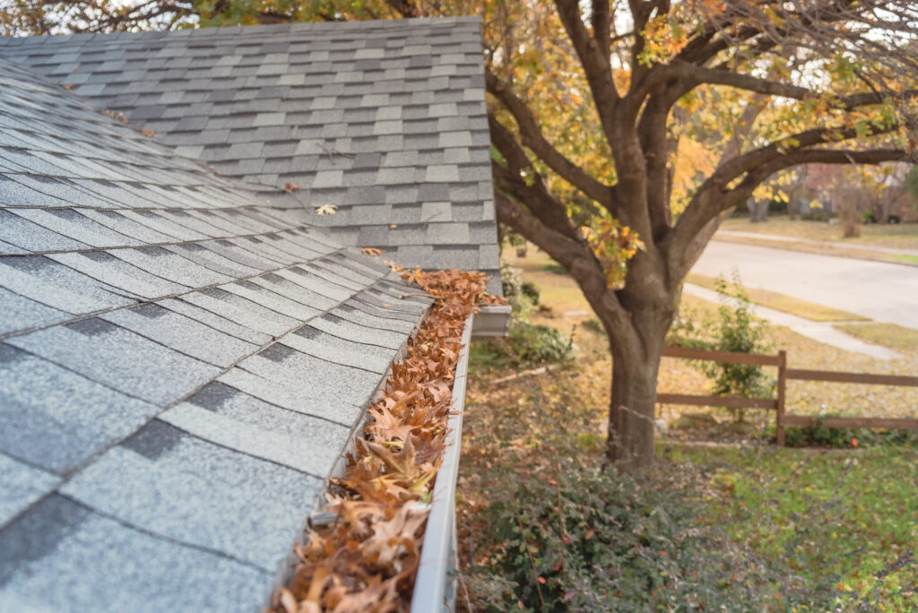 front yard with clogged gutters filled with leaves