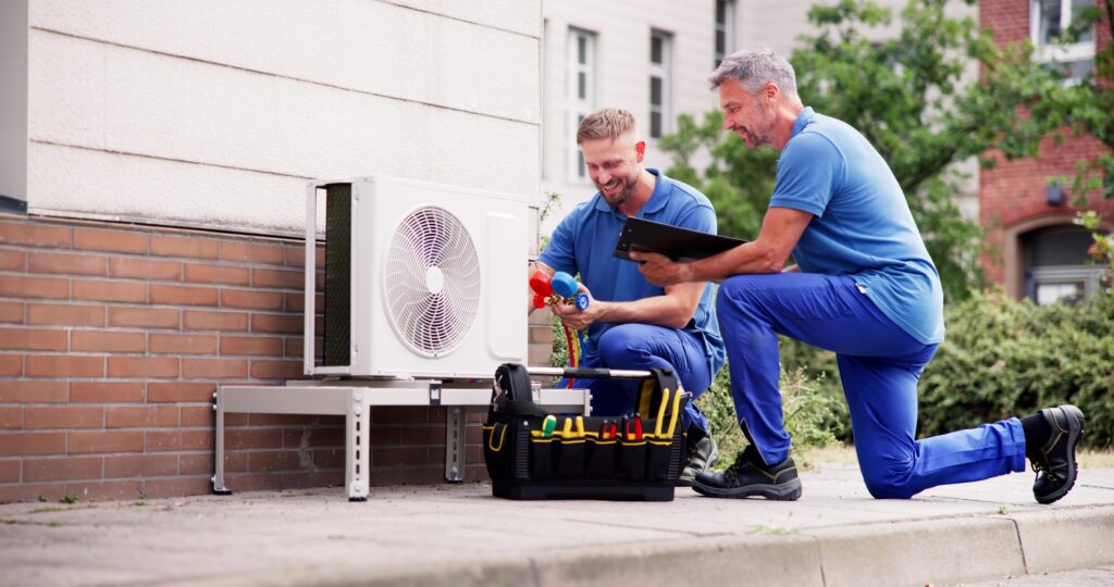 Two HVAC technicians kneeling down performing a diagnostic test on an HVAC unit.