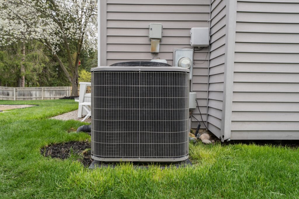 The outdoor unit of a residential HVAC system.