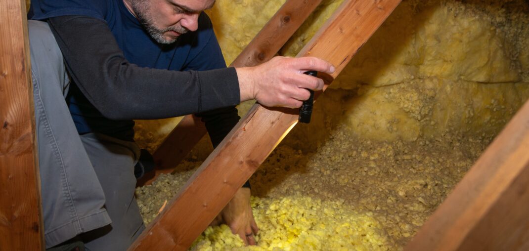 Home inspector inspecting blown in attic insulaiton.