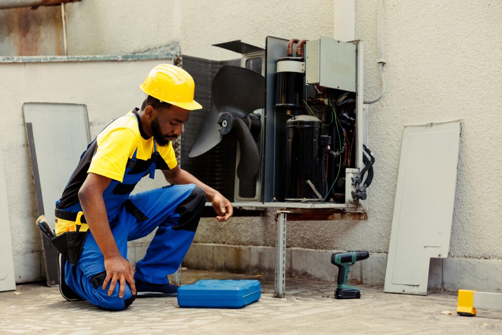 hvac technician performing annual maintenance on outdoor unit