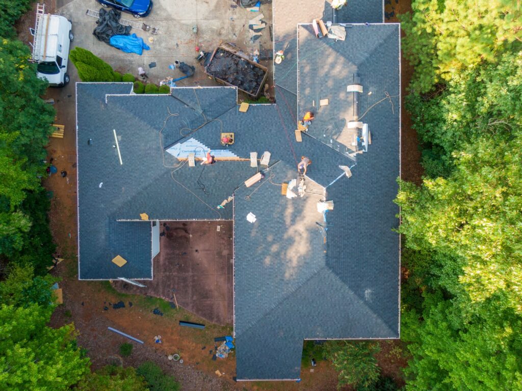 drone view of residential roof replacement