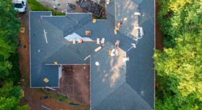 drone view of residential roof replacement