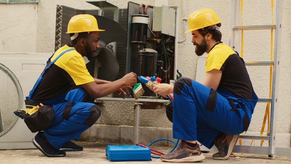 technicians working to check liquids in ac unit