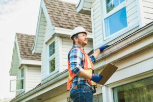 man with hard hat standing on steps inspecting house