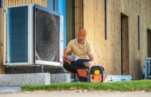 hvac technician working on a modern heat pump