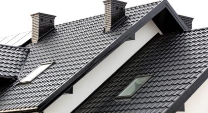 roof of a new home with ceramic chimney