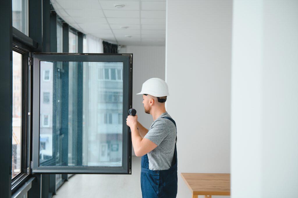 worker in overalls installing or adjusting window