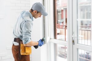construction worker installing window in house