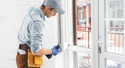 construction worker installing window in house