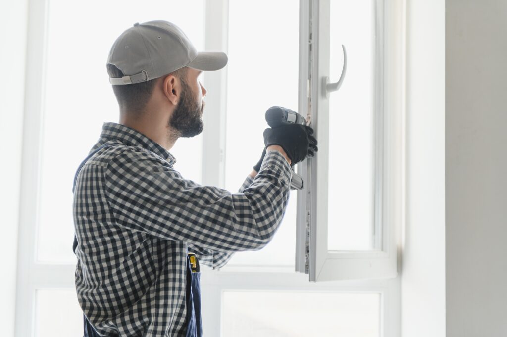 service man installing window with screwdriver