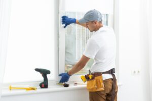 worker in gloves adjusting window