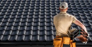 professional roofing work working on a black ceramic roof