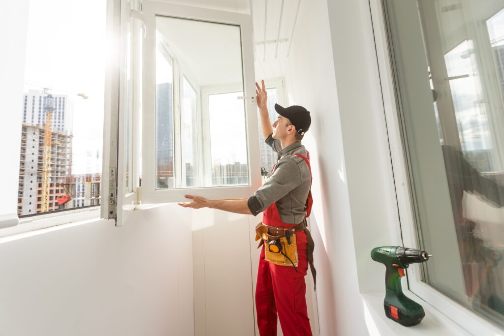 worker doing an indoor window installation process