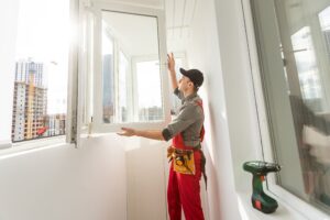 worker doing an indoor window installation process