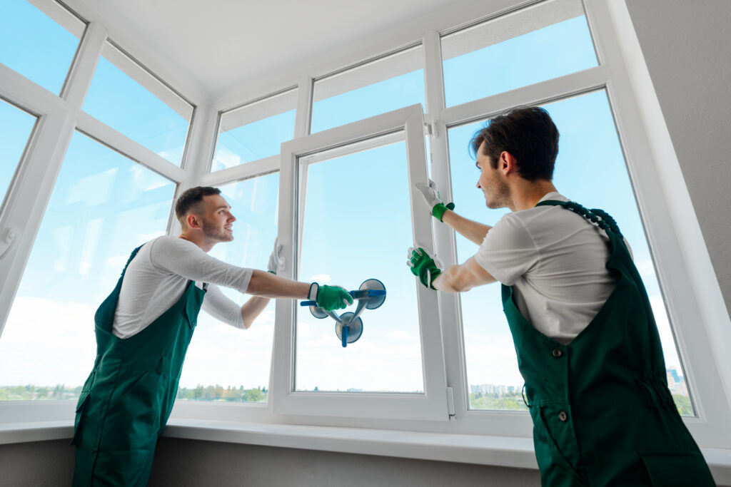 men installing a window in an apartment
