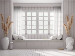 vintage style window seat with white wood