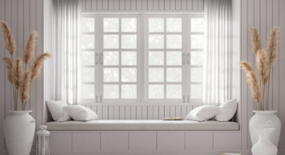 vintage style window seat with white wood