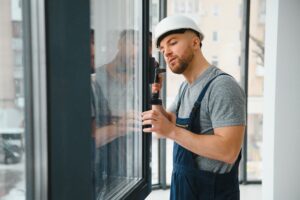 worker in overalls installing or adjusting windows