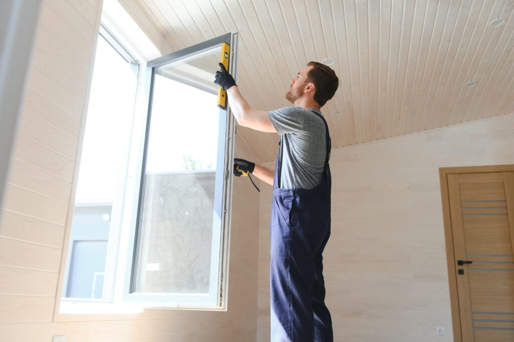 construction worker installing new window in house