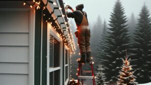 winter scene of man on ladder