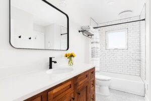 a cozy farmhouse bathroom with marble countertop
