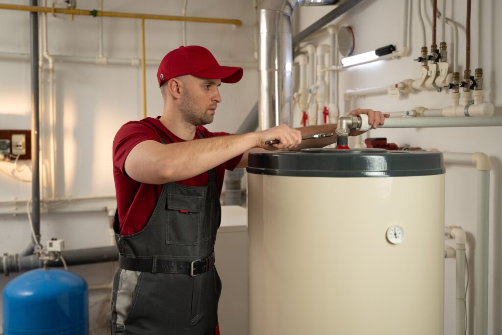 a man wearing a red shirt and hat fixing a water heater