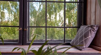 big wooden window with frame and nature