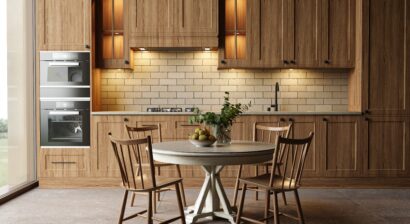 kitchen with wooden cabinets and a dining room table