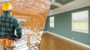 contractor facing before and after of interior house construction