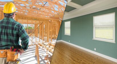 contractor facing before and after of interior house construction
