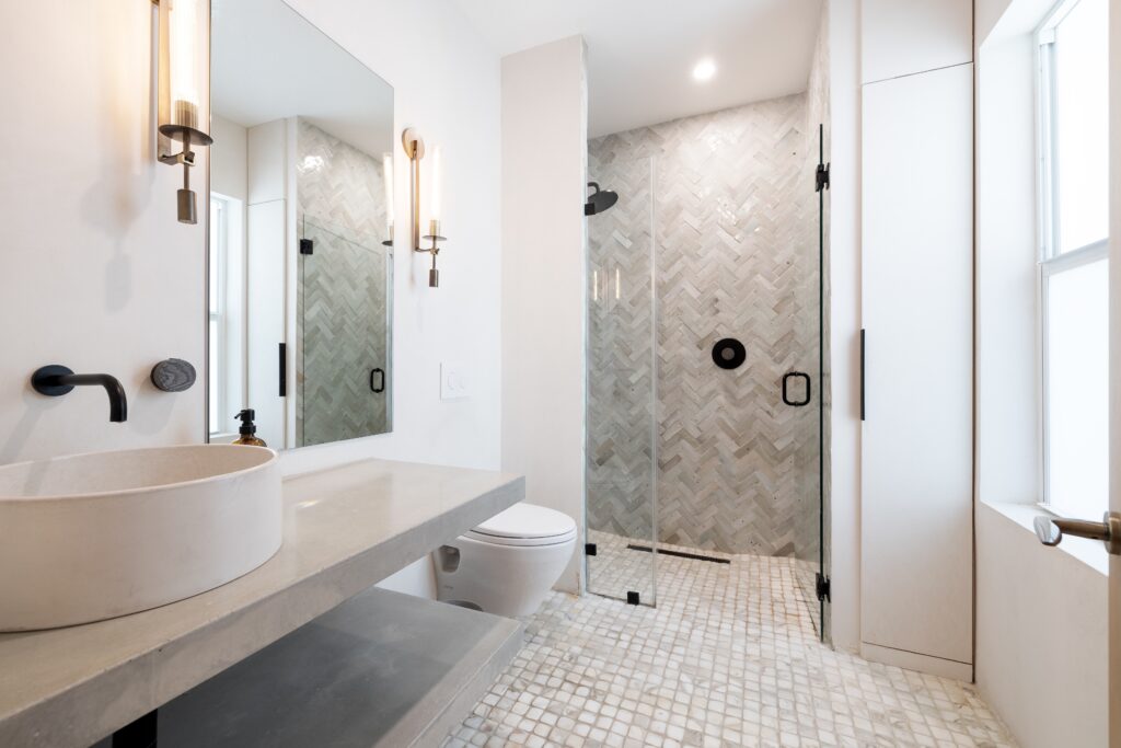 clean modern bathroom with tile floor