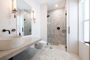 clean modern bathroom with tile floor