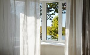 view from the window of green trees and landscape