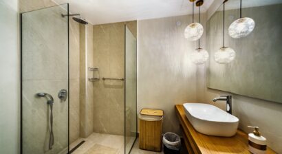 modern bathroom with a walk in shower