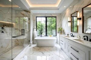 a luxurious bathroom with a freestanding bathtub