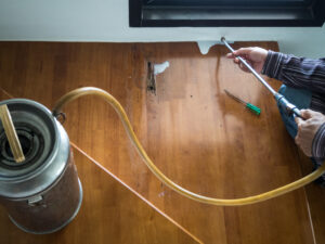 pest control worker holding sprayer for pests