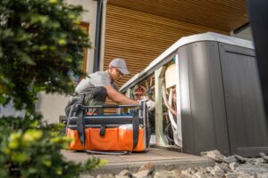 technician performing hot tub maintenance