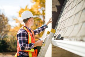a man with hard hat standing on ladder inspecting roof