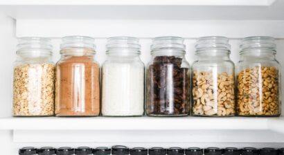 clear, matching pantry jars with oats and nuts