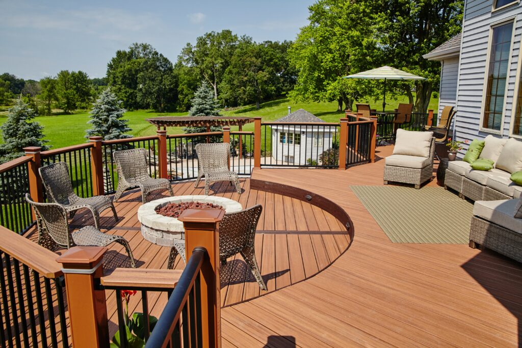 luxury outdoor deck with seating and lounge chairs