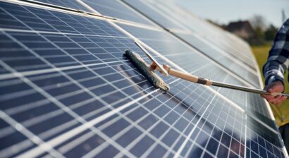close up view of cleaning solar panel surface