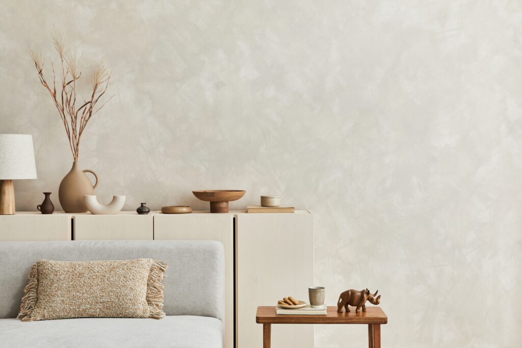 stylish living room interior with neutral colors