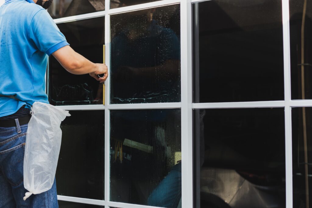 worker using scraper before installing window tinting film
