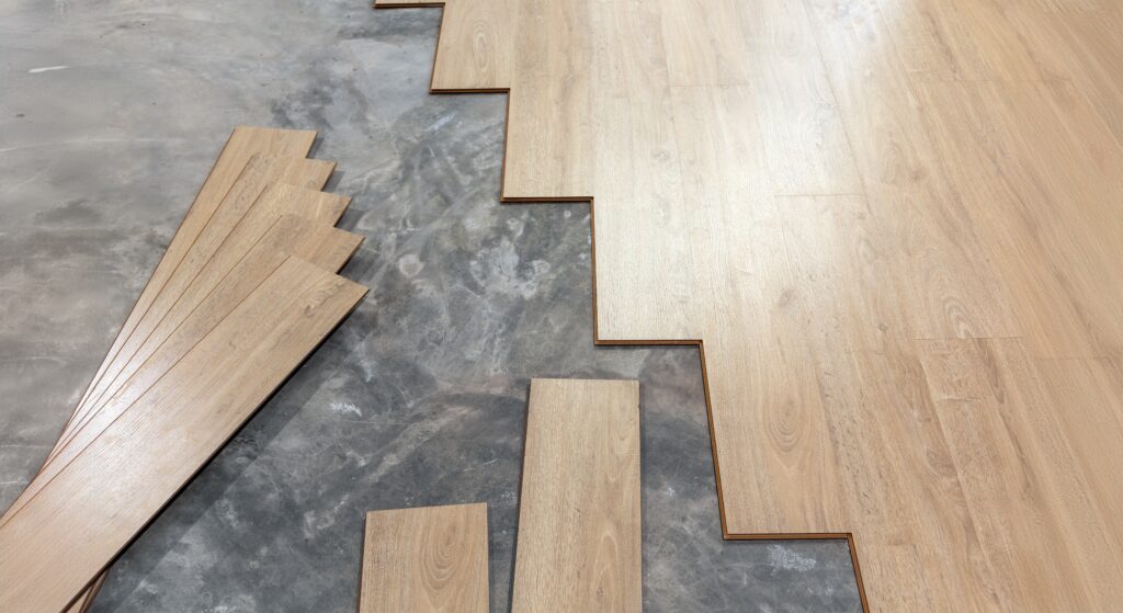 worker installing intterlocking laminate floor