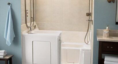 walk-in tub with blue bathroom walls