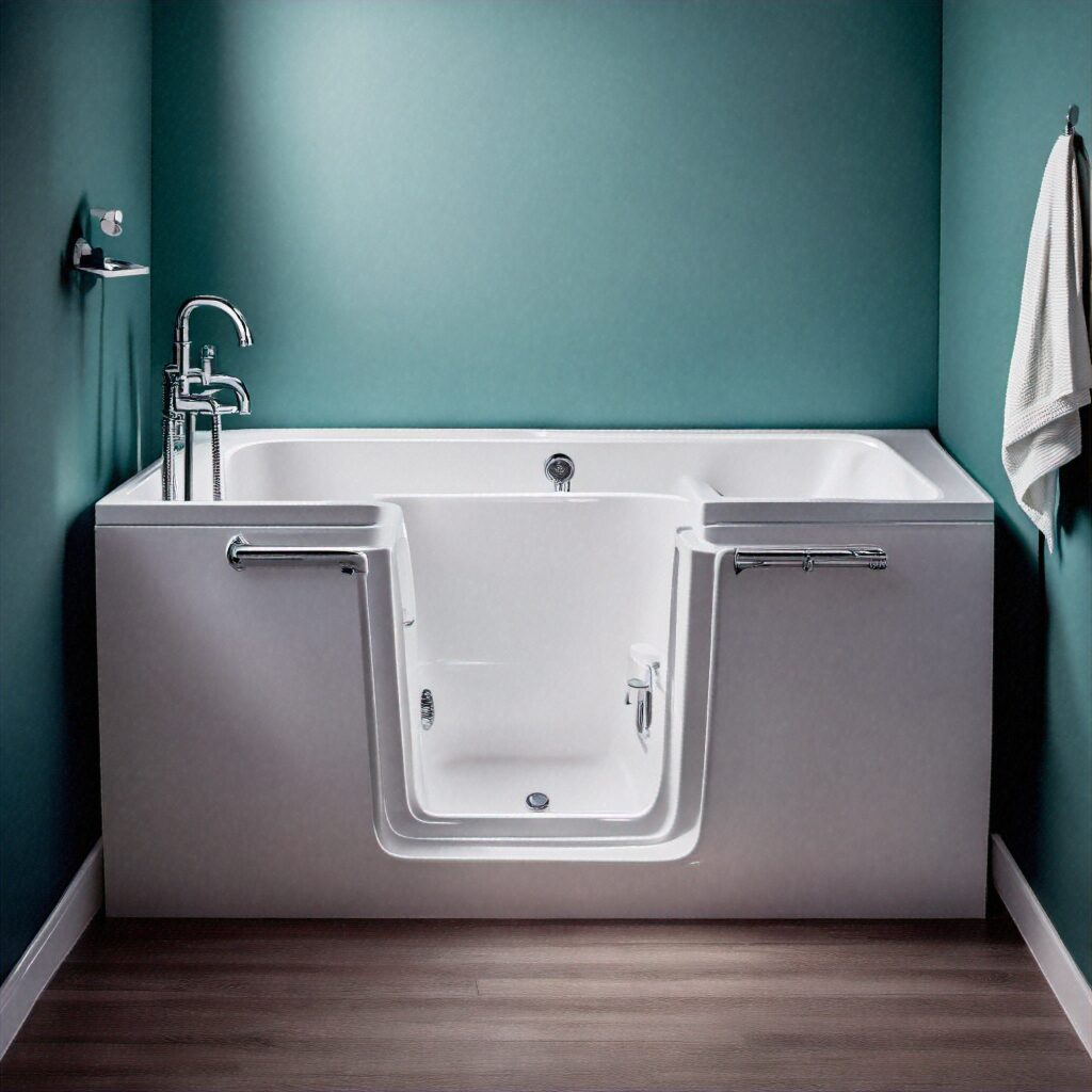 walk-in tub with colorful wall behind it