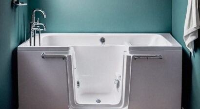 walk-in tub with colorful wall behind it