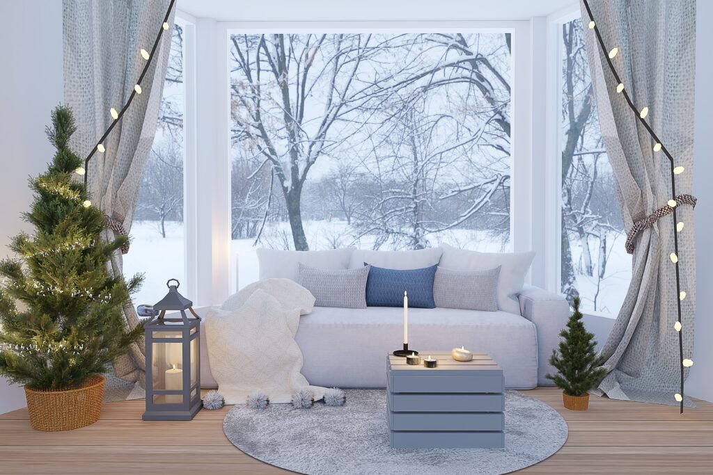 interior of living room in winter with Christmas tree